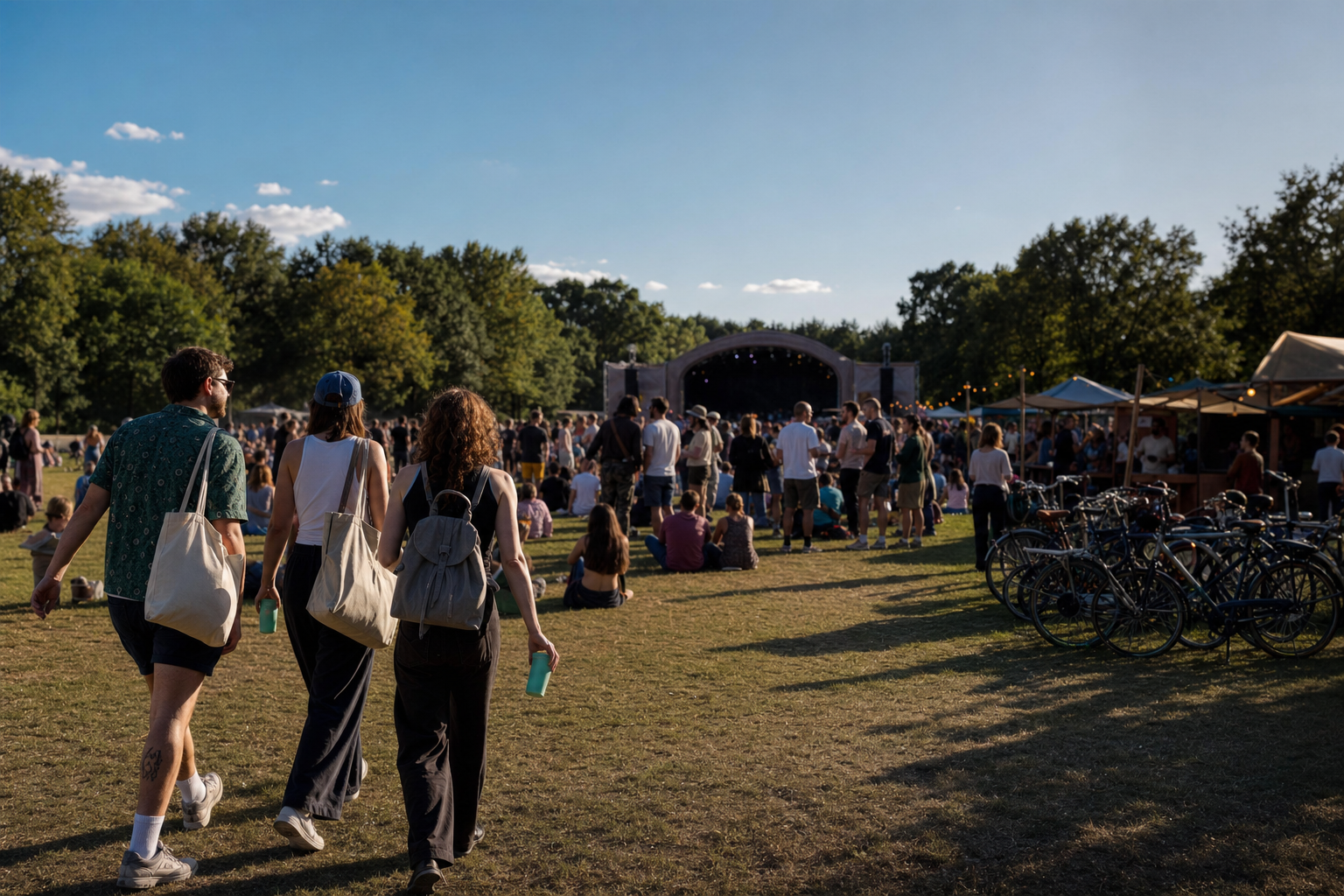 Drie bezoekers lopen met lichte tassen naar een muziekfestival in een stadspark