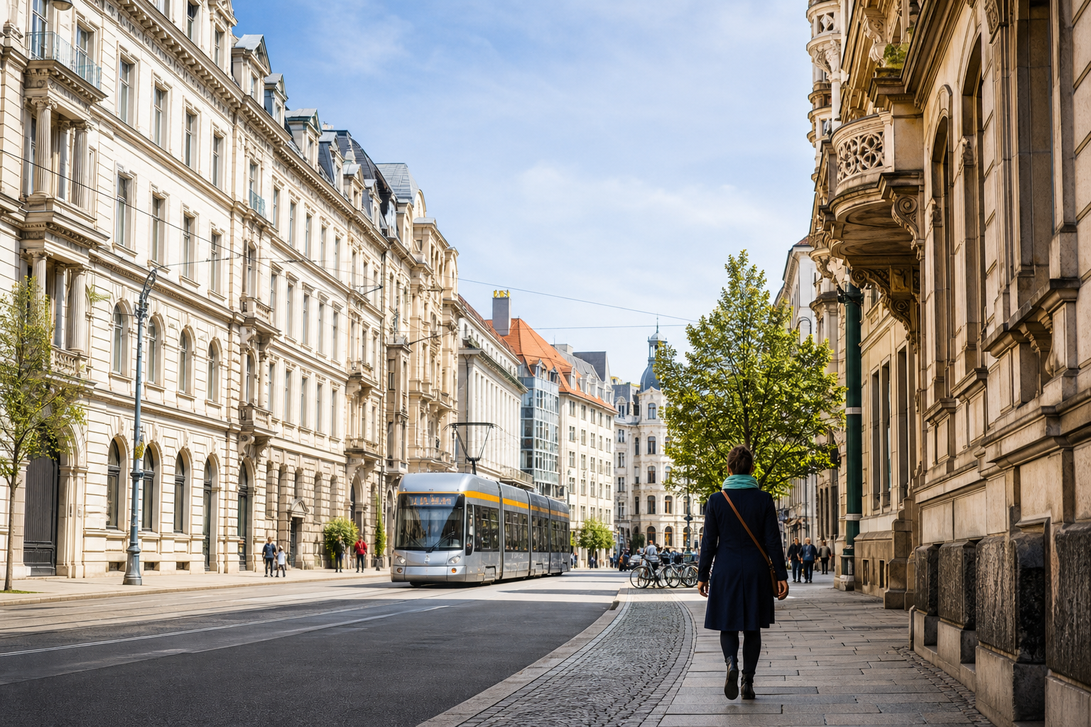 Reiziger loopt door een zonnige straat in Leipzig terwijl een tram nadert
