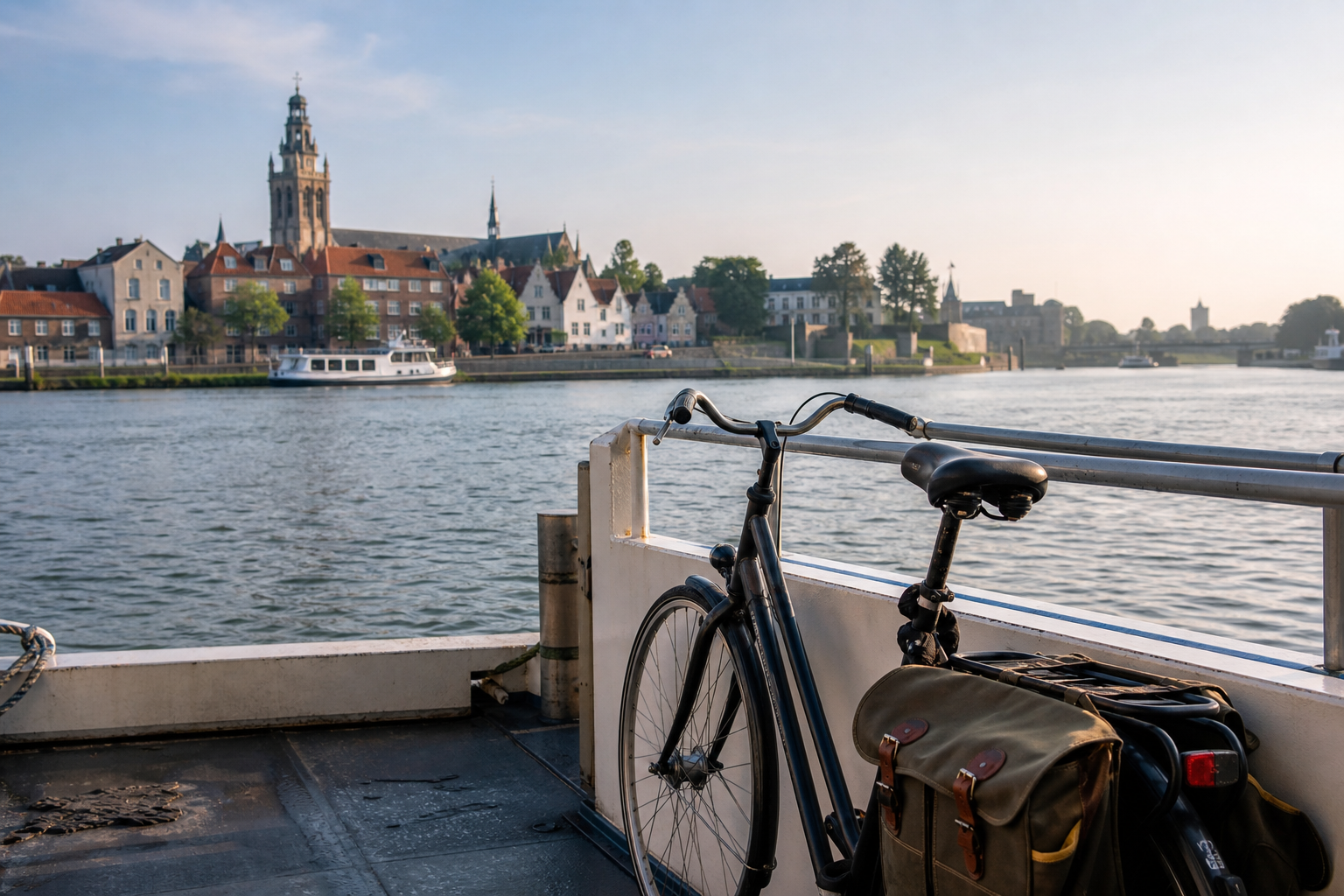 Fiets en tas op het dek van een veerboot met een rustige rivier en stad op de achtergrond