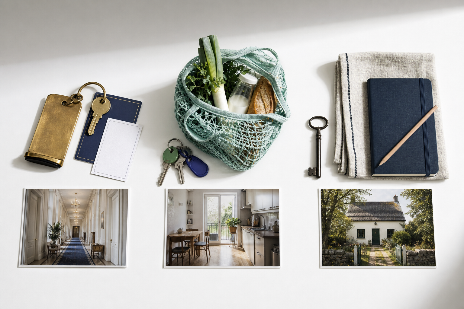 Bovenaanzicht met sleutels en foto’s die een hotel, appartement en vakantiehuis vergelijken